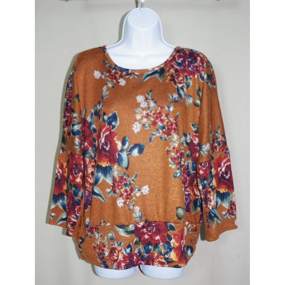 AGB Women's Large Floral Knit Top Rust Orange Red Rose‎ Print Wide Sleeve Blouse